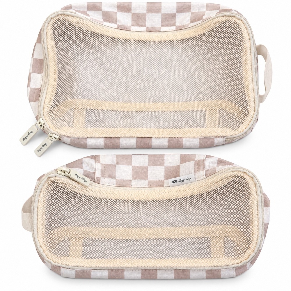 Itzy Ritzy Packing Cubes Tan Checkered with handle Mesh Travel Set 2pc
